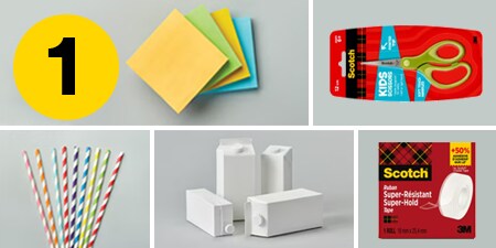 Step 1 - supplies you need: Post-it® Notes, Scotch™ Kids Scissors, Scotch® Super-Hold Tape, milk cartons, and paper straws

